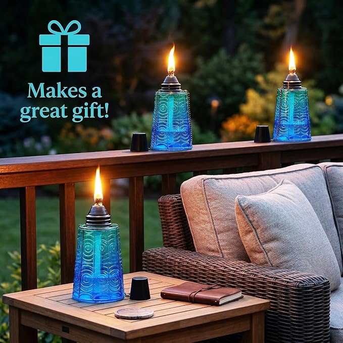 Seraphic Citronella Table Top Torches for Outdoor Patio 16oz Decorative Glass Torch Citronella Candles for Outside Deck Garden Parties Set of 3 Tropical Blue