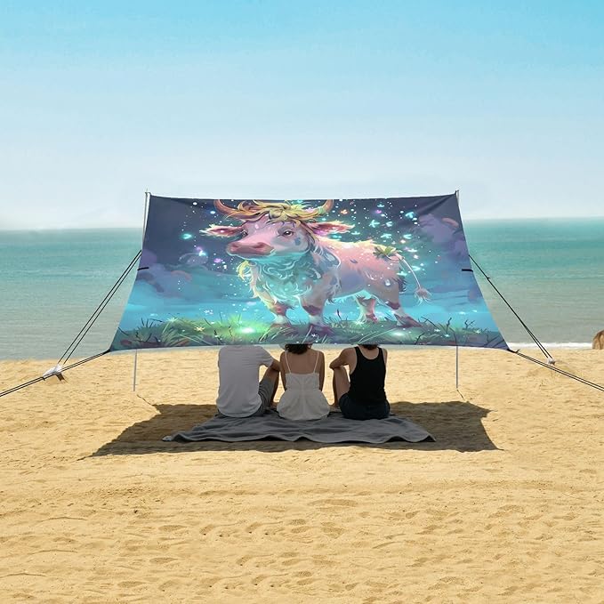 ALAZA Cow Butterfly Starry Beach Tent Sun Shelter UPF50+ Protection Beach Shade Canopy w/ 4 Sandbags for Outdoor Camping Fishing Backyard Fun Picnic 10x9 ft
