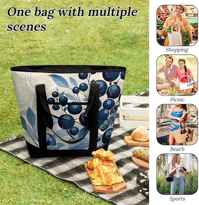 Insulated Shopping BagLarge Reusable Cooler Bags Field of Blueberries Printed Foldable Shopping BagTravel Waterproof Shoulder Bag