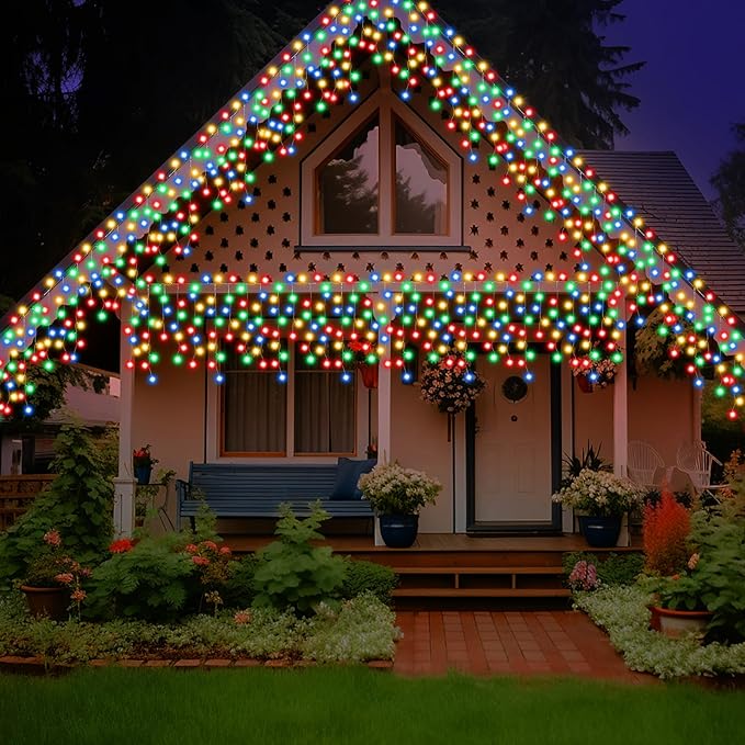 Retisee 65ft Colorful Mardi Gras Light Solar Icicle Light for Outdoor Decor Waterproof 600 LED Powered Karneval Curtain String Icicle Lights for Carnival Outside Yard Porch Garden Hang Tree Decor