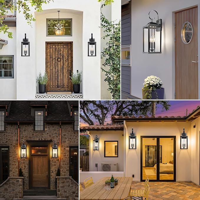 2 Packs 24 Extra Large Outside Wall Light Fixture 3-Light Black Outdoor Porch Lantern Wall Mounted Waterproof Modern Outside Wall Sconce Coach Lamp for House E12