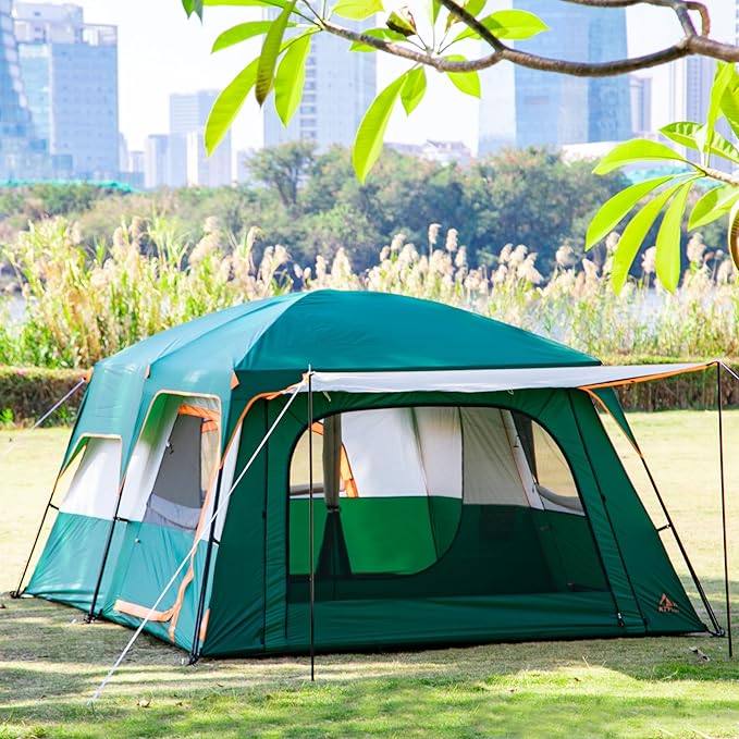 KTT Extra Large Tent 10-12-14 Person(A)Family Cabin Tents2 Rooms3 Doors and 3 Windows with MeshStraight WallWaterproofDouble LayerBig Tent for OutdoorPicnicCampingFamily Gathering