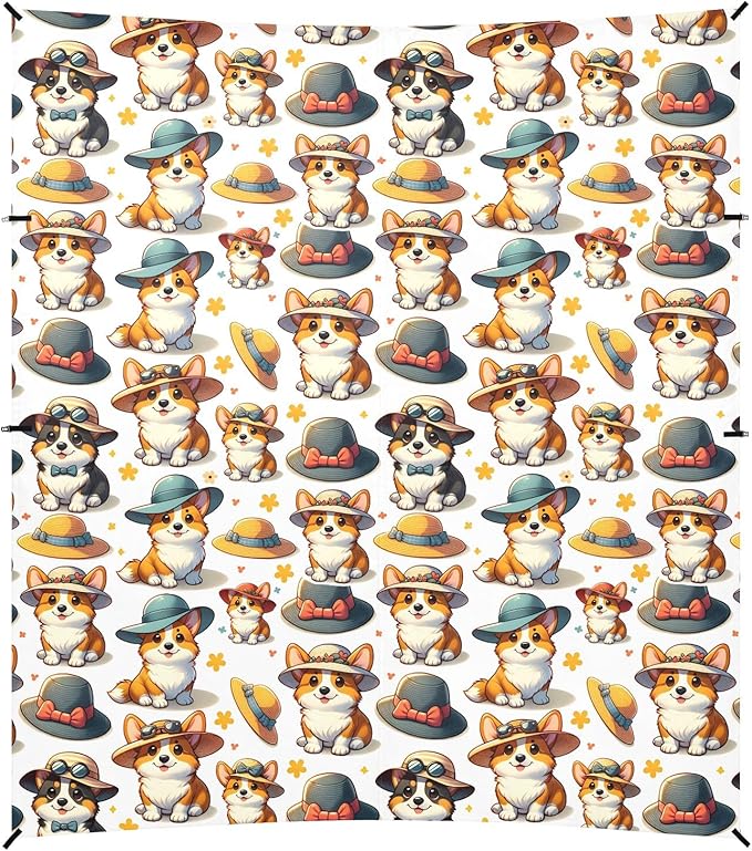 Camping Sun Shelters Cartoon Cute Corgi in Hat Beach Canopy 126 * 110.2in