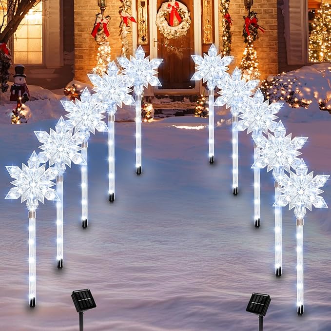 Snowflake Solar Christmas Pathway Lights Set of 5 LED Outdoor Stake Lights Waterproof Christmas Decorations for Garden Yard Lawn Walkway Patio Decor (5pcs Cold White)