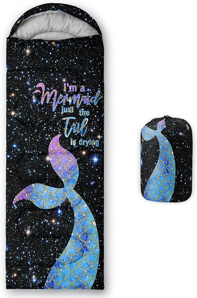 Kids Sleeping Bag for Boys GirlsSparkle Mermaid Print-Lightweight Warm Portable Outdoor Indoor-Waterproof Cold Weather Resistant Sleeping Bag for Camping Hiking(Mermaid)