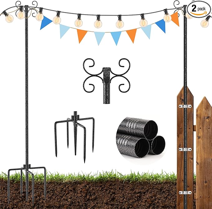 2 Pack Outdoor String Light Poles Metal Lights Hanging Pole with 4 Hooks and Rustproof for Patio Garden Deck Backyard Lawn Sunshade and Decor