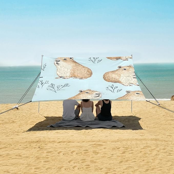 Capybara Grass Pattern Camping Sun Shelter Beach Tent Portable Beach Sun Shade Outdoor Canopy for Camping Trips Fishing Picnic