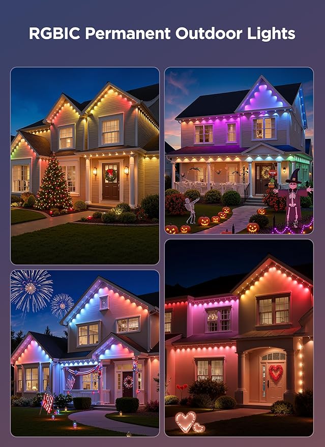 Permanent Outdoor Lights 50FT with 32 Smart RGB LED Lights DIY Scene Mode IP68 Waterproof Christmas Lights for Daily and Accent Lighting Outdoor Decor House Roof Holiday Decorations