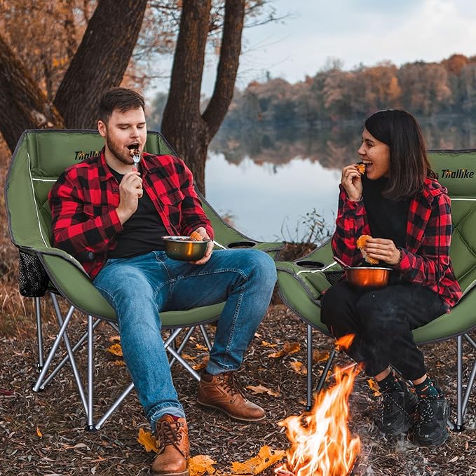 Oversized Camping Chair Portable Folding Padded Camping Chairs with Cup Holder and Carry Bag Heavy Duty Outdoor Camping Chairs for Adults Up to 400Lb for Fishing Sports (Green-2 Pack)
