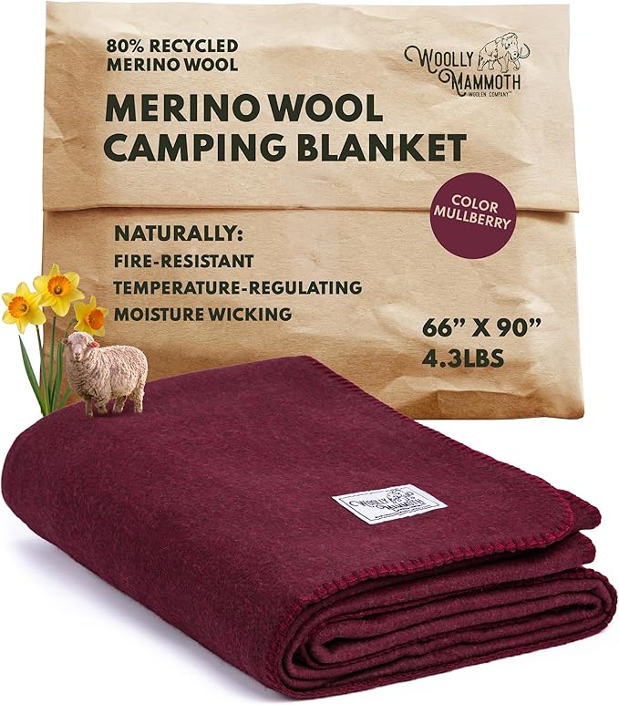 Woolly Mammoth Woolen Company Merino Wool Blanket - Temperature-regulating and Mositure-Wicking - 80% Wool Blanket - for Outdoor Camping Backpacking and Hunting (66 x 90 Mulberry)