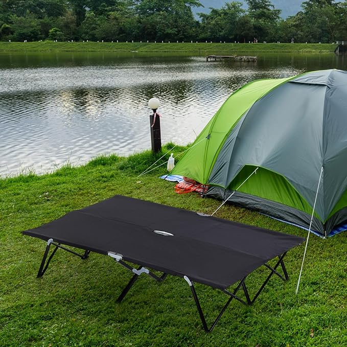2 Person Elevated Camping Cot - Extra Wide Portable Sleeping Cot for Adults Hiking Beach Camping - Black