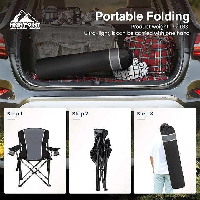 HIGH POINT SPORTS Oversized Camping Folding Chair Heavy Duty Outdoor Chair with Armrest Portable Lawn Chair with Cup Holder for Adults Support 350 LBS 2 Pack Gray-Black