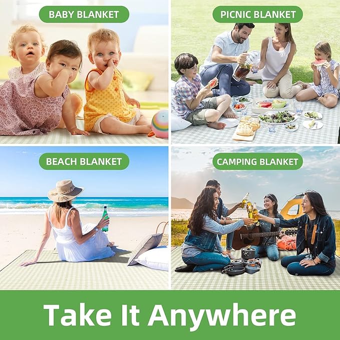 70x 70 Picnic Blanket Extra LargeLayer Outdoor Blanket for 5 to 7 AdultsCamping Grass Lawn Park Accessories Cute Couple Gifts Ideas Wedding Registry for Camping Park Beach (Green)
