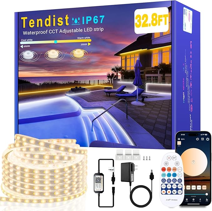 32.8FT Outdoor LED Strip Lights Waterproof IP67 Dimmable 3000K-6500K Warm White LED Rope Lights Outdoor Waterproof with Remote &amp APP 24v Adhesive Exterior Lighting for Patio Deck Gazebo