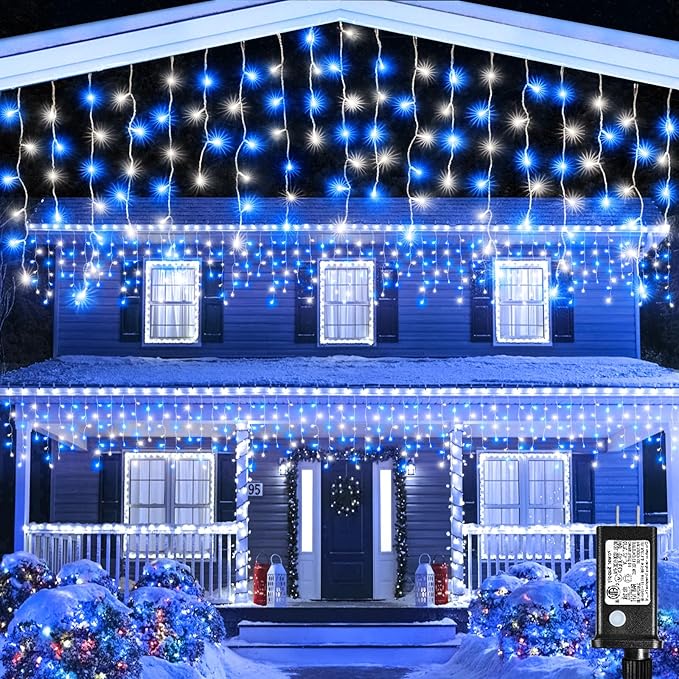 Icicle Lights for Outside 33FT 400 LED Icicle Christmas Lights Outdoor with Waterproof 8 Modes Plug in Timer String Twinkle Light for Indoor Home Roof Window Yard Wedding Decorations Blue and White
