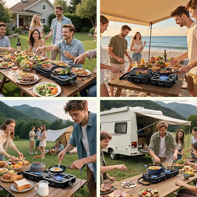 Camping Stove Portable Propane Camp Stove with Independently Adjustable Heat &amp Carry Bag Foldable Gas Stove with 2 Burners for Outdoor CookingTailgating &amp Backyard GatheringBBQ (Black)