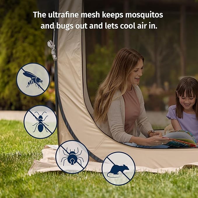 East Oak Screen House Tent Pop-Up Portable Screen Room Canopy Instant Screen Tent 10 x 10 FT with Carry Bag for Patio Backyard Deck &amp Outdoor Activities Beige