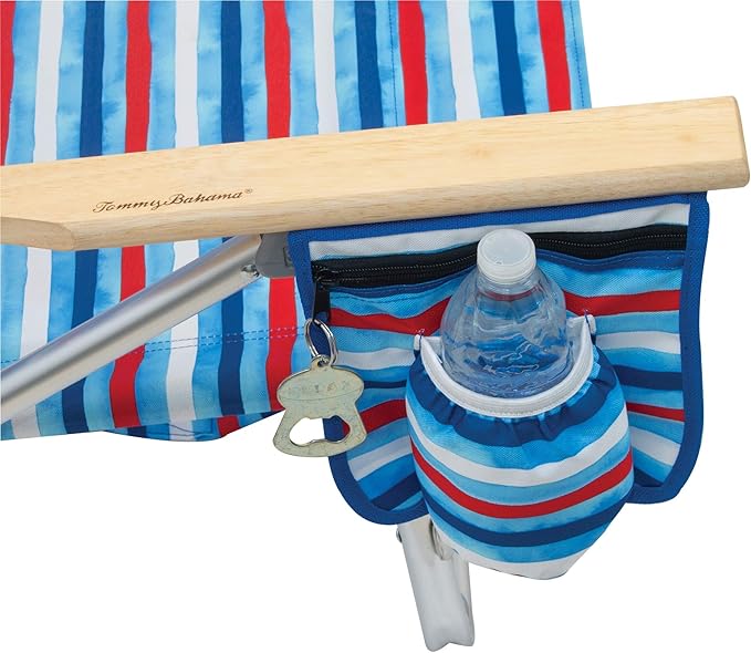 Tommy Bahama 5-Position Classic Lay Flat Folding Backpack Beach Chair Aluminum Red White and Blue Stripe