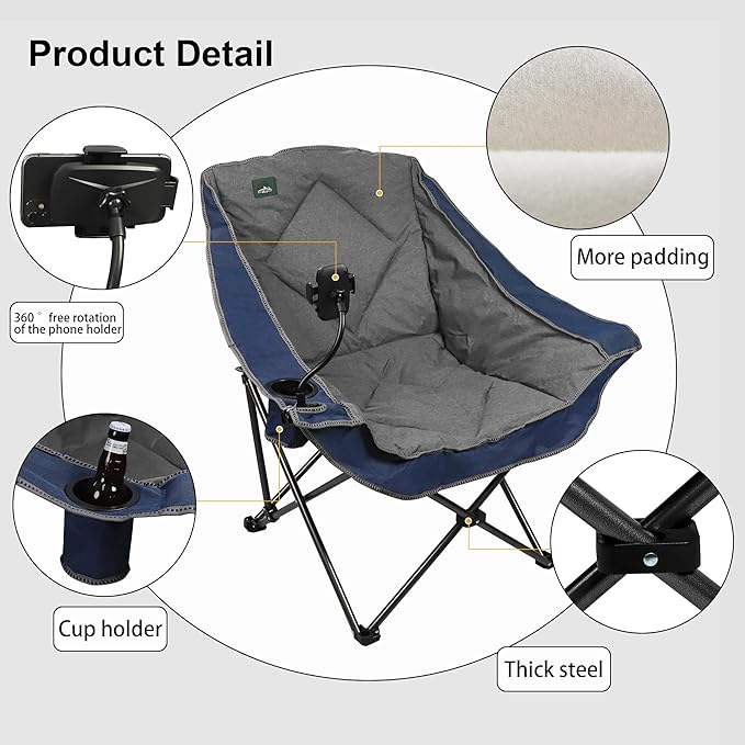 Northroad Oversized Foldable Camping Chair with Cell Phone HolderOutdoor Padded Lawn Chair w/Cup HolderCarry Bag for Beach Hiking and PicnicsHeavy-Duty 300-lbs Capacity Blue