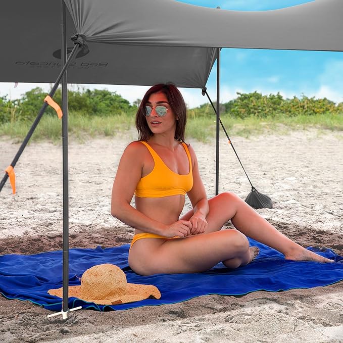 Red Suricata Family Beach Parasol - Sun Shade Canopy | UPF 50 UV Protection | Tent with 4 Aluminium Poles 4 Pole Anchors 4 Sandbag Anchors | Large &amp Portable Shelter Tarp