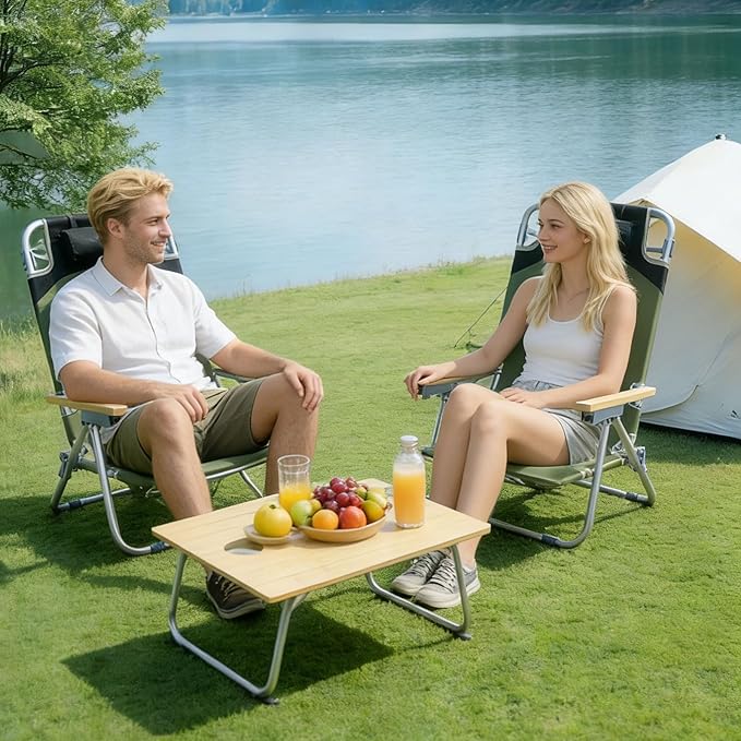 2 Pack Low Backpack Beach Chair with Folding Bamboo Table for Adults 5-Position Lay Flat Reclining Chair Lightweight with Cooler Bag Supports 265 lbs