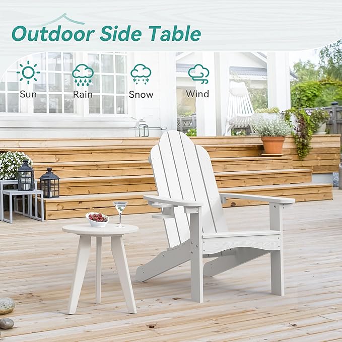 HDPE White Round Outdoor Table Weather-Resistant 15.8x15.8x16.7 inches 150lbs Load Capacity Modern Design End Table for Patio Porch Deck Living Room Bedroom Plant Stand