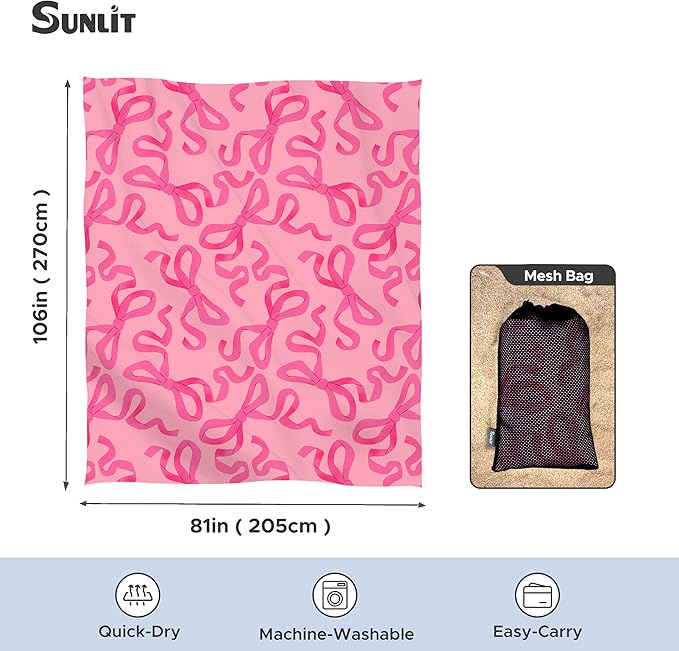Sunlit Large Beach Blanket Waterproof Sand Proof 81 x106 Sand Free Beach Mat Anchored Pockets and Storage Bag for Travel Beach Camping Outdoor Festival Coquette Pink Bow