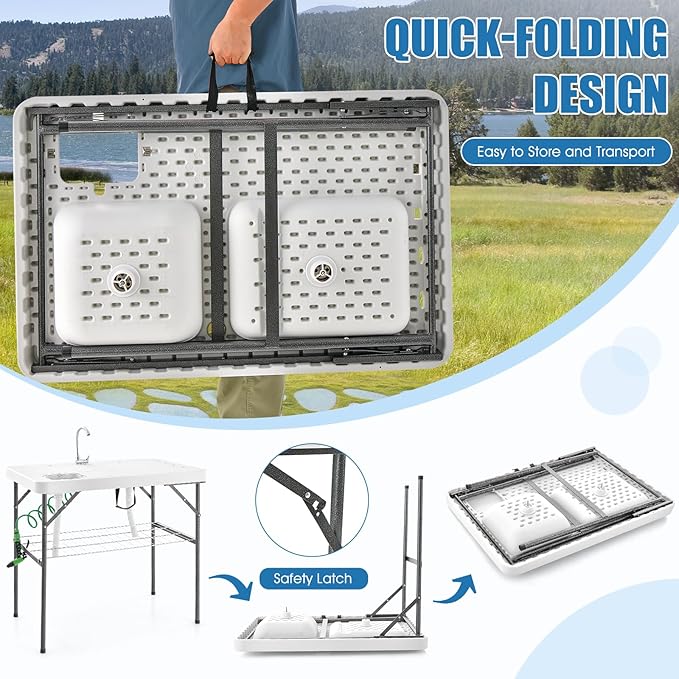 Goplus 40'' Folding Fish Cleaning Table with Dual Water Basins Faucet Drainage Hose &amp Sprayer Portable Camping Sink Table Outdoor Fish Fillet Cleaning Station with Grid Rack for Picnic