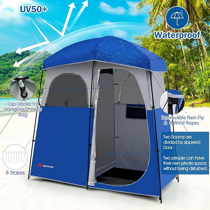 Goplus 2 Room Shower Tent Portable Camping Changing with Floor Drain Detachable Rain Fly Stakes &amp Ropes UV Protection Water Resistant Privacy for Outdoor Toilet Dressing (Blue)