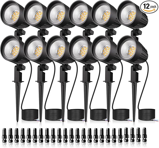 MEIKEE 7W LED Landscape Lights 12V/24V Low Voltage Landscape Lighting IP66 Outdoor Spotlights Warm White Garden Lights with Connectors for Pathway Yard Patio 12 Pack