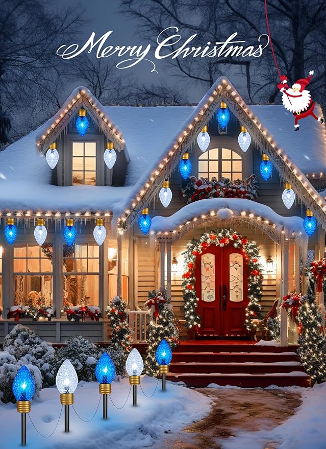Moonflor Strawberry Jumbo C9 Christmas Pathway Lights Outdoor - 2Pack Total 17FT 10 LED C9 Walkway Light Christma Decoration OutsideChristmas Lights Outdoor for Lawn Yard Holiday Blue &amp Pure Wh