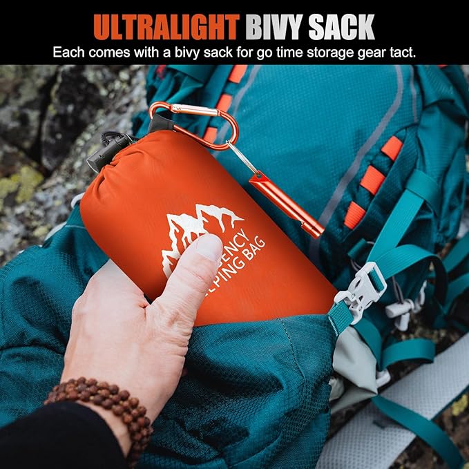 Oudain 6 Pcs XL Emergency Sleeping Bag 94.5 x 49.2 Waterproof Survival Sleeping Bag with Whistle Carabiner Portable Thermal Bivy Sack Emergency Blankets for Camping Hiking Outdoor