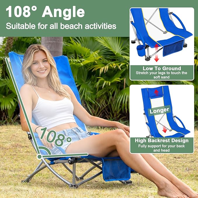 Romswi High Back Beach Chair Compact Lightweight Low Seat Camping Chair Fits in Suitcase 400lbs Heavy Duty Oversized Backpack Chair with Cup Holder &amp Storage Bag Blue