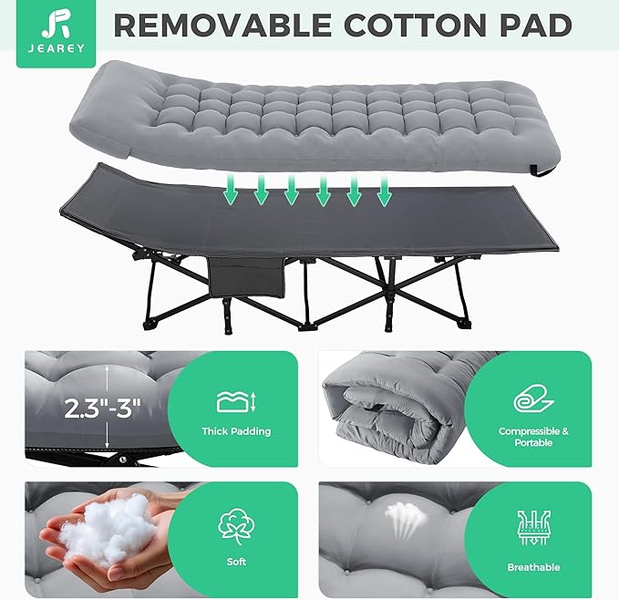 JEAREY 2-Piece Camping Cot for Sleeping 28 Extra Wide Heavy-Duty 1200D Oxford Foliding Cots for Adults Portable with Mattress Carry Bag for Guest Travel Hiking Light Gray
