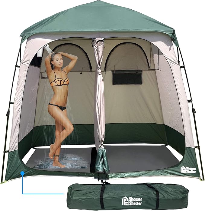 EasyGo Product Shower Shelter – Giant Portable Outdoor Pop UP Camping Shower Tent Enclosure – Changing Room – 2 Rooms – Instant Tent – 7.5' Tall x 4' Deep x 7.5' Wide Green