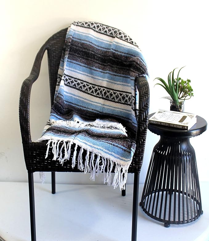 Del Mex Classic Mexican Blanket Large Authentic Woven Falsa Throw (70x50) Artisan Southwest Décor for Beach Yoga Outdoors (Light Blue)