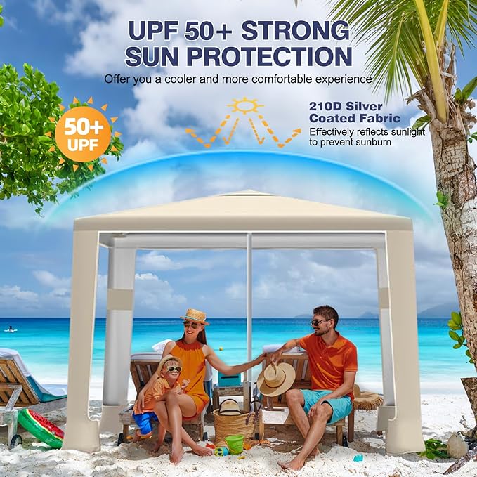 Beach Tent8'×8' Large Beach Canopy for 4-6 PeopleEasy Setup Beach Sun Shelter with UPF 50+ ProtectionAdjustable Height &amp Wind Resistant Beach Cabana for FamilyParty (Khaki - Solid)