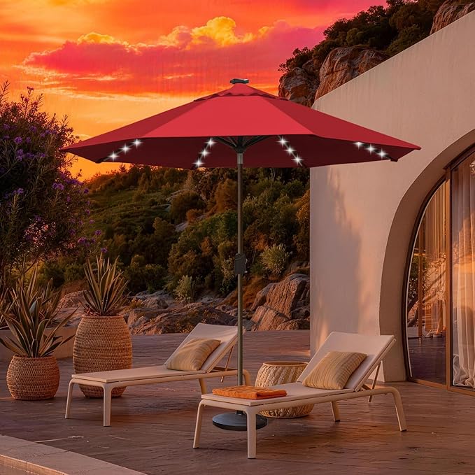 EliteShade USA 10-Year-Non-Fading 10Ft Market Umbrella with 80 LED Lights Patio Umbrella Outdoor Table Umbrella with Ventilation(Red)