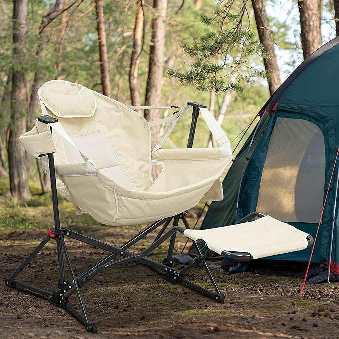 Ainfox Hammock Camping Chair with Footrest Foldable Portable Rocking Chairs for Adults Outside Swinging Camp with Cup Holder Pillow for Outdoor Patio Poolside (Beige)