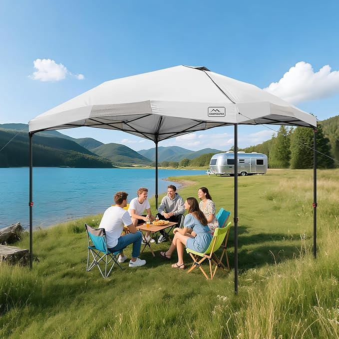 KAMPKEEPER 12x12 Pop Up Canopy TentHeavy Duty Outdoor Sun Shade for EventsCampingParties - Polygonal Patio Gazebo with Wheeled Bag4 sandbags(White)