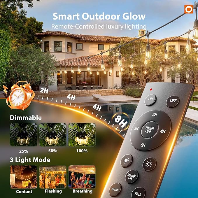 addlon 100FT Outdoor String Lights LED with Remote Dimmable Patio Lights Waterproof Shatterproof with 50 Edison Bulbs for Outside Backyard Porch Garden Bistro Pergola Party Decor Warm Lighting