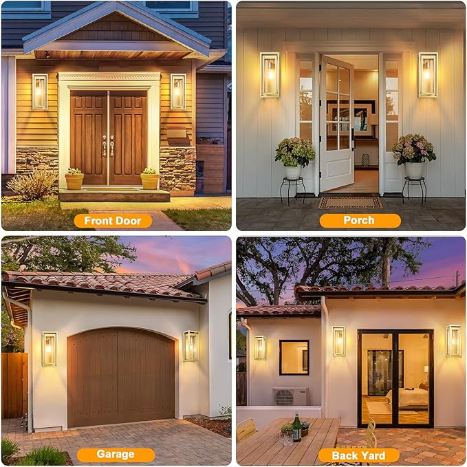 15 Large Gold Outdoor Light Fixture Wall Mount 2 Pack Waterproof Outdoor Sconces Modern Wall Lights with Clear Glass Shade for Front Door Porch Garage