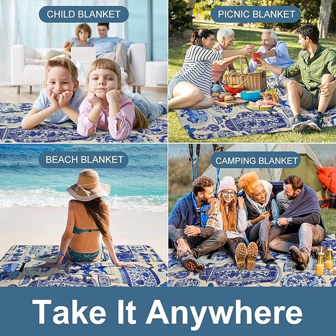 Blue and White Folk Chinese Chinoiserie Style Waterproof Outdoor Picnic Blanket Sandproof Beach Mat for Camping Hiking Grass Travelling
