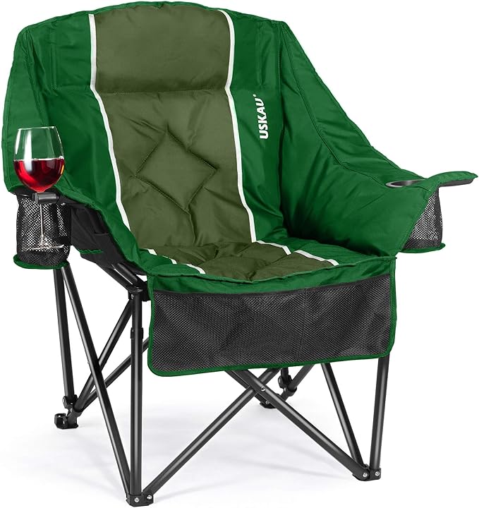 Oversized Camping Chair for Adults - Heavy Duty 400 lbs Padded Folding Chair with Wine Glass Holder 2 Cup Holders &amp Side Pockets Portable Carry Bag for RV Tailgating Lawn