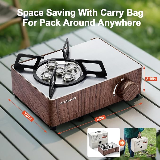 Odoland 7500BTU Camping Butane Stove with Compact Carry Case CSA Certified Portable Gas Stove for BackpackingPicnicOutdoor AdventuresBrown