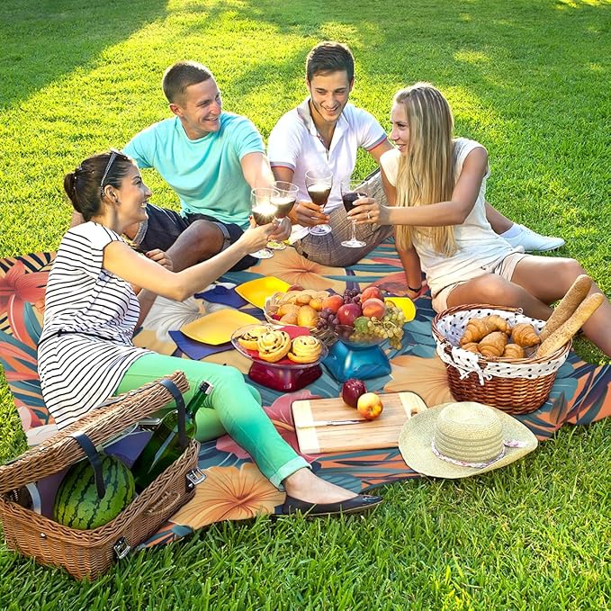 Waterproof Sandproof Beach Blanket 59''×68'' Palm Coconut Flower Polyester Outdoor Picnic Blanket with 4 Stakes &amp Storage Bag for BeachCampingVacation Yellow