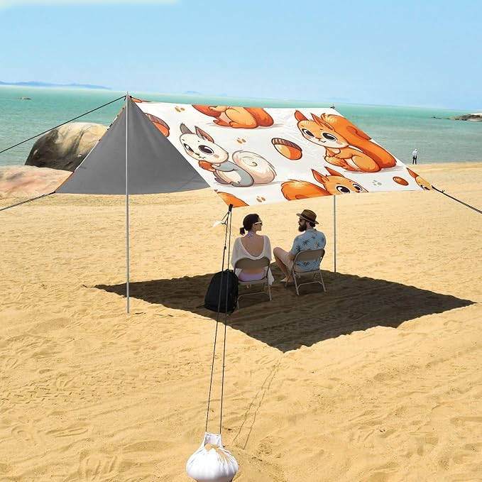 Cute Squirrel Pattern Camping Sun Shelter Beach Tent Portable Beach Sun Shade Outdoor Canopy for Camping Trips Fishing Picnic