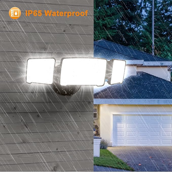 LEPOWER 3500LM Dusk to Dawn LED Security Lights Outdoor 35W Outdoor Flood Light with Photocell 5500K IP65 Waterproof 3 Head Exterior Light for Garage Patio Yard（Brown） (Pack of 2)