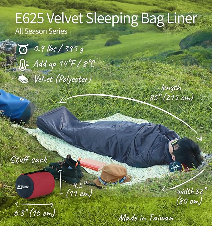 Litume Velvet Velour Sleeping Bag Liner Add Up to 14°F/ 8°C Mummy Sleeping Sack Backpacking Camping Traveling Hotel Hostal Lightweight Sleep Sack with Drawstring Hood E625