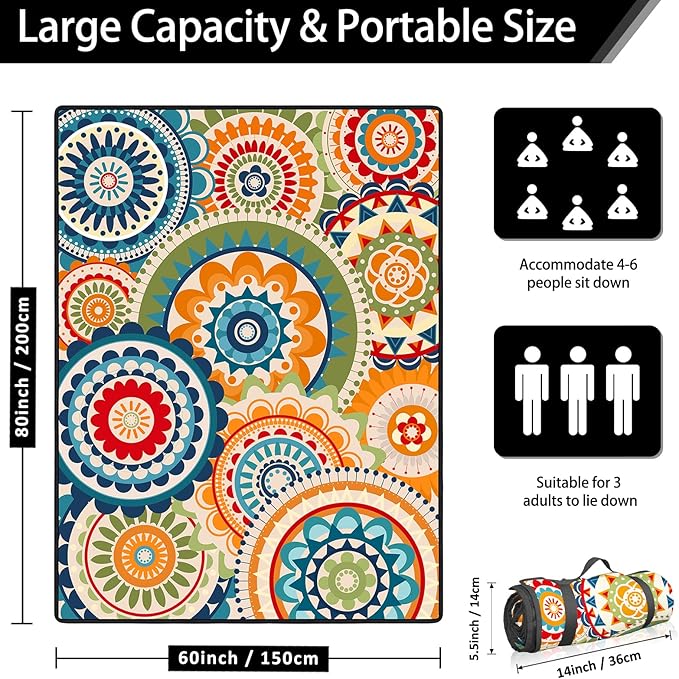 Boho Picnic Blankets Waterproof Foldable 60″X80″Packable Picnic Mat Geometric Outdoor Blanket for Grass Colorful Large Beach Blanket Sandproof Picnic Accessories for Camping Music Festival Park Lawn